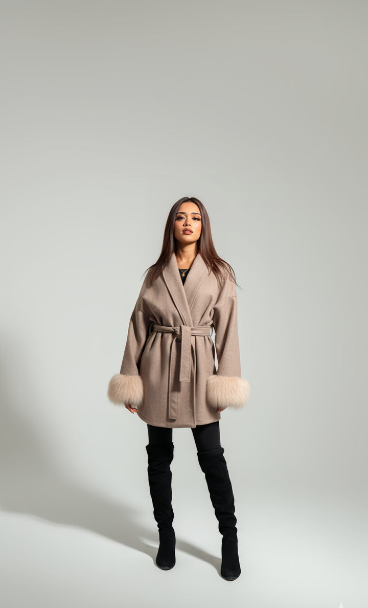 Mist House Fashion Women's Premium Lapel Coat with Faux Fur Sleeves, Belt & Pockets - Women's Jacket - Womenswear, Jackets