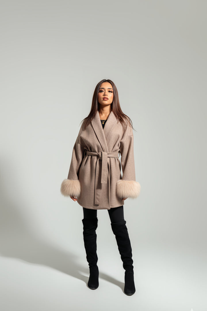 Mist House Fashion Women's Premium Lapel Coat with Faux Fur Sleeves, Belt & Pockets - Women's Jacket - Womenswear, Jackets