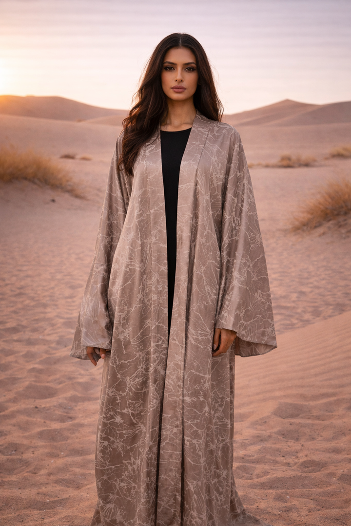 MH Satin Marble Charmeuse Silk Open Abaya, One Size UK 10-22, Length 54 inches, Chest size 37 inches