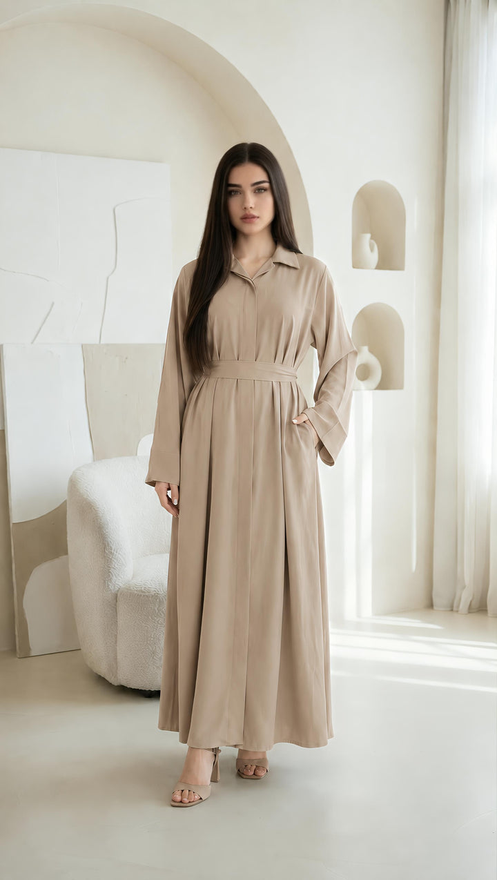 MH Collar Dress with open buttons, Pockets and Belt, One Size UK 8-16, Dress Length 54 inches, Chest Size 23 inches,  Casual Womenswear Summer Maxi Basic Collared Long Sleeve