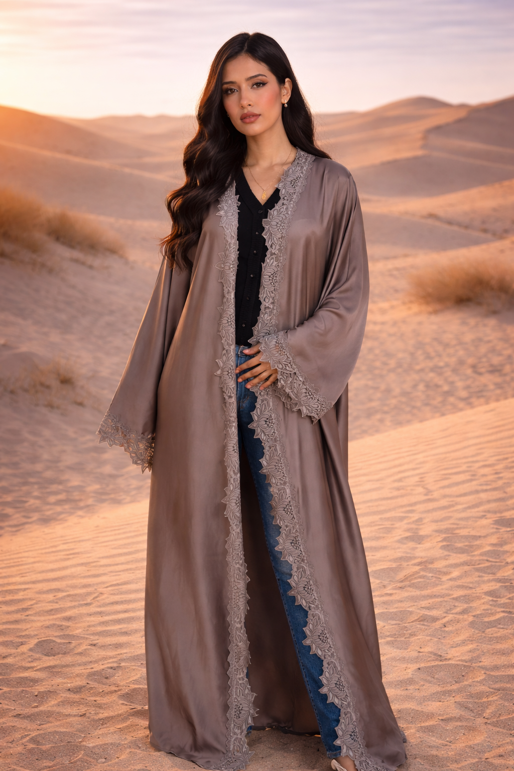 MH Silk Satin Laced Open Abaya, One Size UK 8-20, Length 54 inches, Chest Size 30 inches