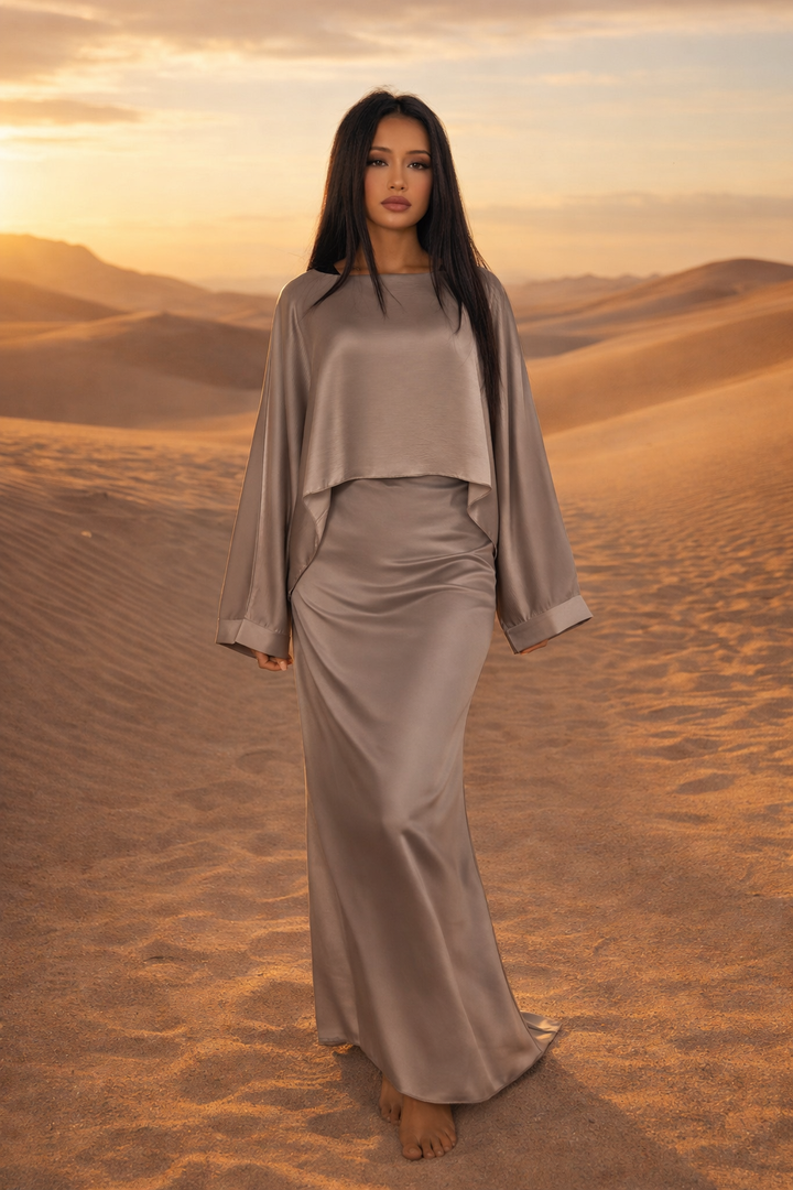 MH Cape/Overlay Maxi Dress Silk Crepe , One Size UK 8-16, Dress length 54 inches, Chest Size 23 inches
