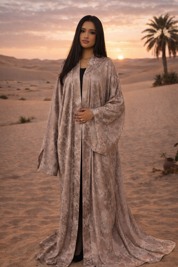 MH Satin Marble Charmeuse Silk Open Abaya, One Size UK 10-22, Length 54 inches, Chest size 37 inches