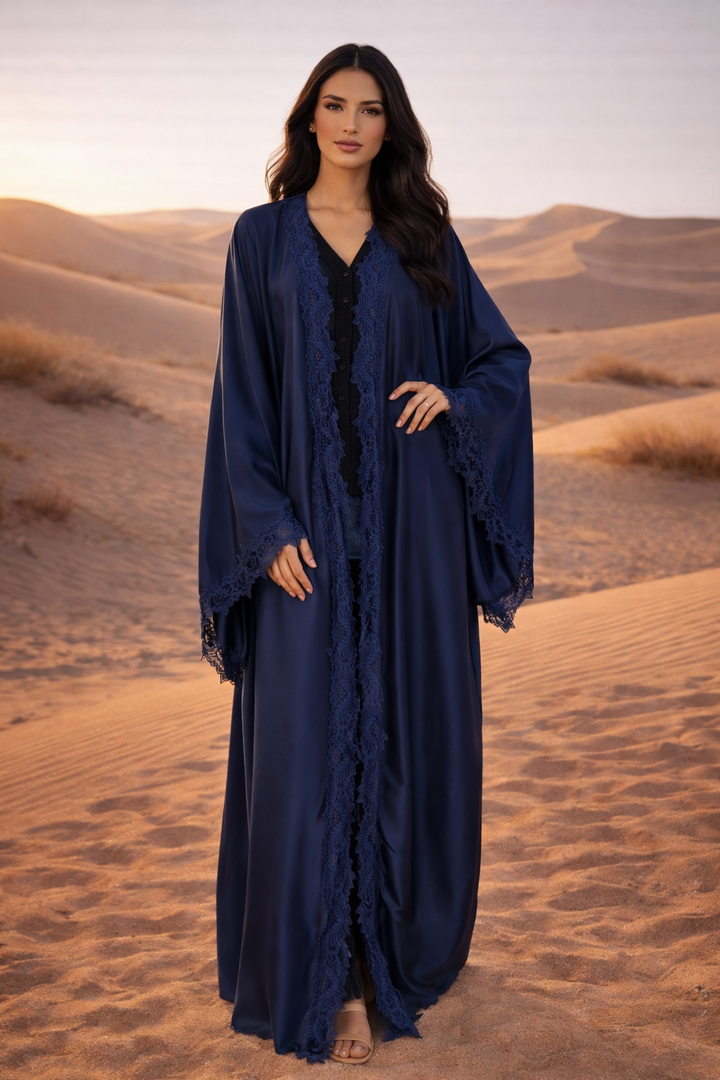 MH Silk Satin Laced Open Abaya, One Size UK 8-20, Length 54 inches, Chest Size 30 inches