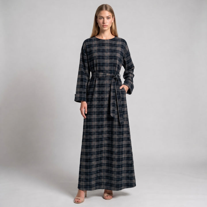 MH Premium Check Long Dress with Pockets and Belt, One Size UK 8-16/18, Dress length 54 inches & Chest 23 inches,  Casual Womenswear
