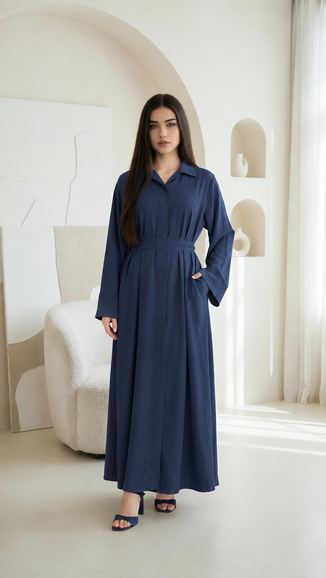 MH Collar Dress with open buttons, Pockets and Belt, One Size UK 8-16, Dress Length 54 inches, Chest Size 23 inches,  Casual Womenswear Summer Maxi Basic Collared Long Sleeve