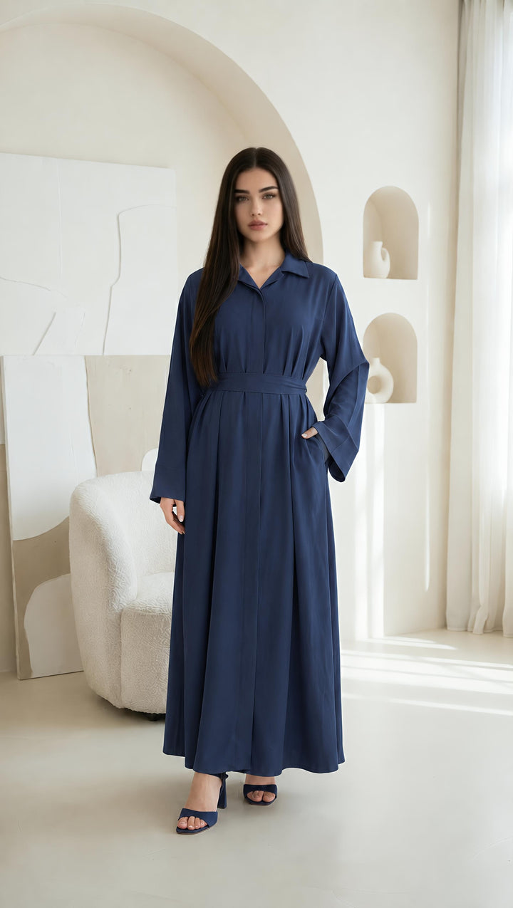 MH Collar Dress with open buttons, Pockets and Belt, One Size UK 8-16, Dress Length 54 inches, Chest Size 23 inches,  Casual Womenswear Summer Maxi Basic Collared Long Sleeve