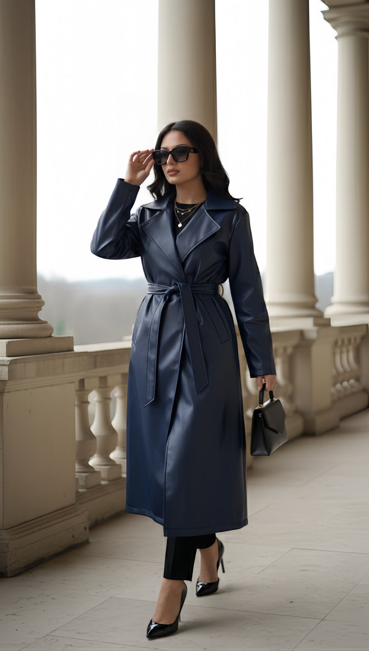 Leather Trench Coat WITH BELT & POCKETS Faux Leather