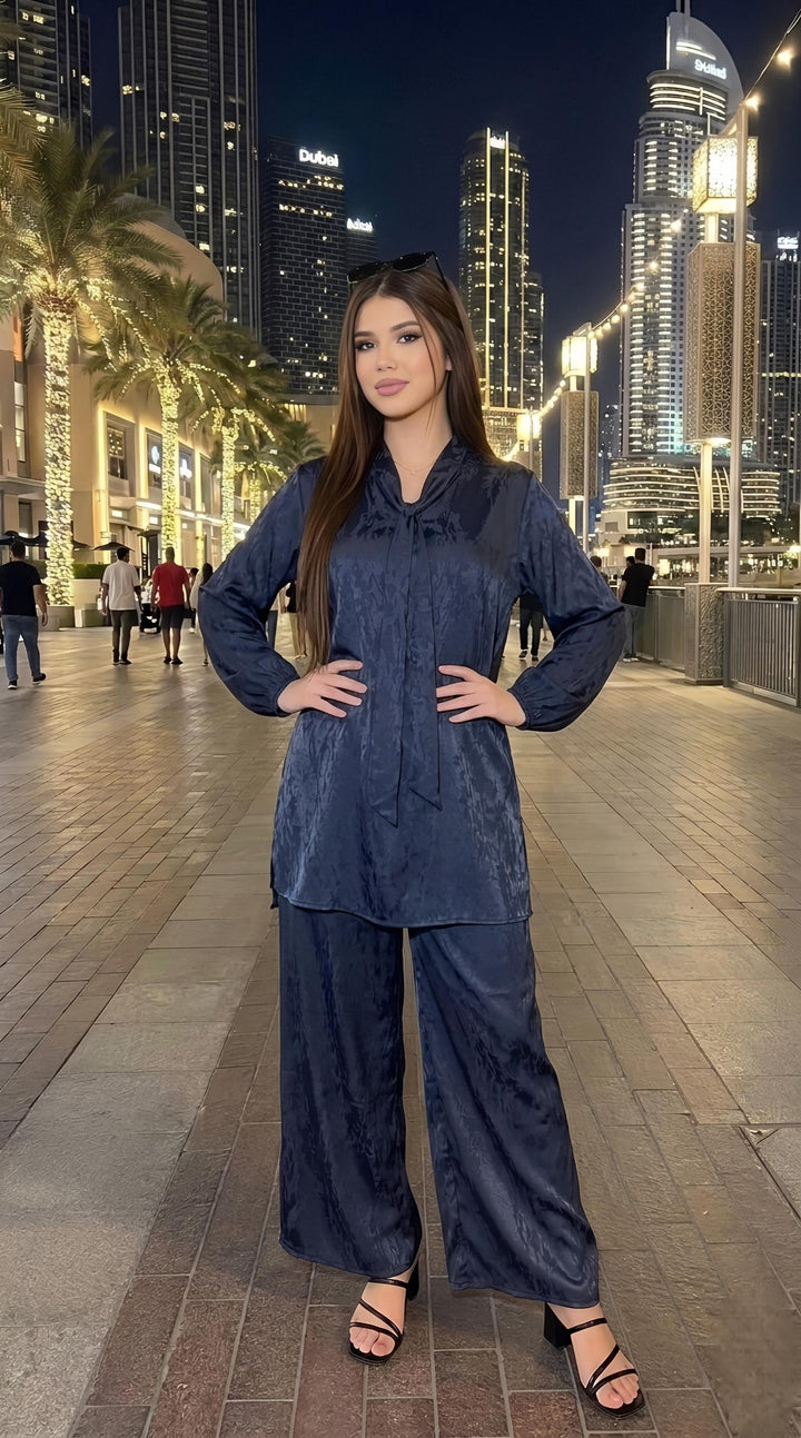 MH Silk Satin Tie Neck Co-ord Set, One Size UK 10-20, Shirt front length 32 inches and back side 35 inches, chest size 24 inches, trouser length 40 inches, waist 24 inches,