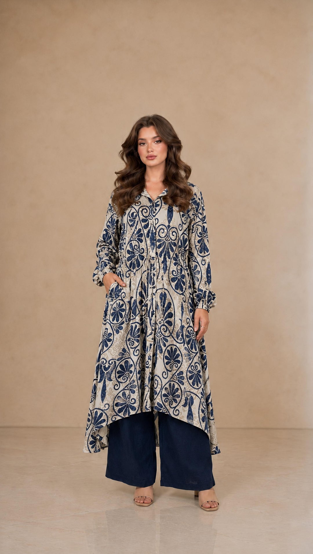 MH Co-ord Set with Pockets, one Size UK 8-16/18, Shirt front length 41 inches and back 50 inches, chest 22 inches, trouser length 40inches, waist 22 inches,