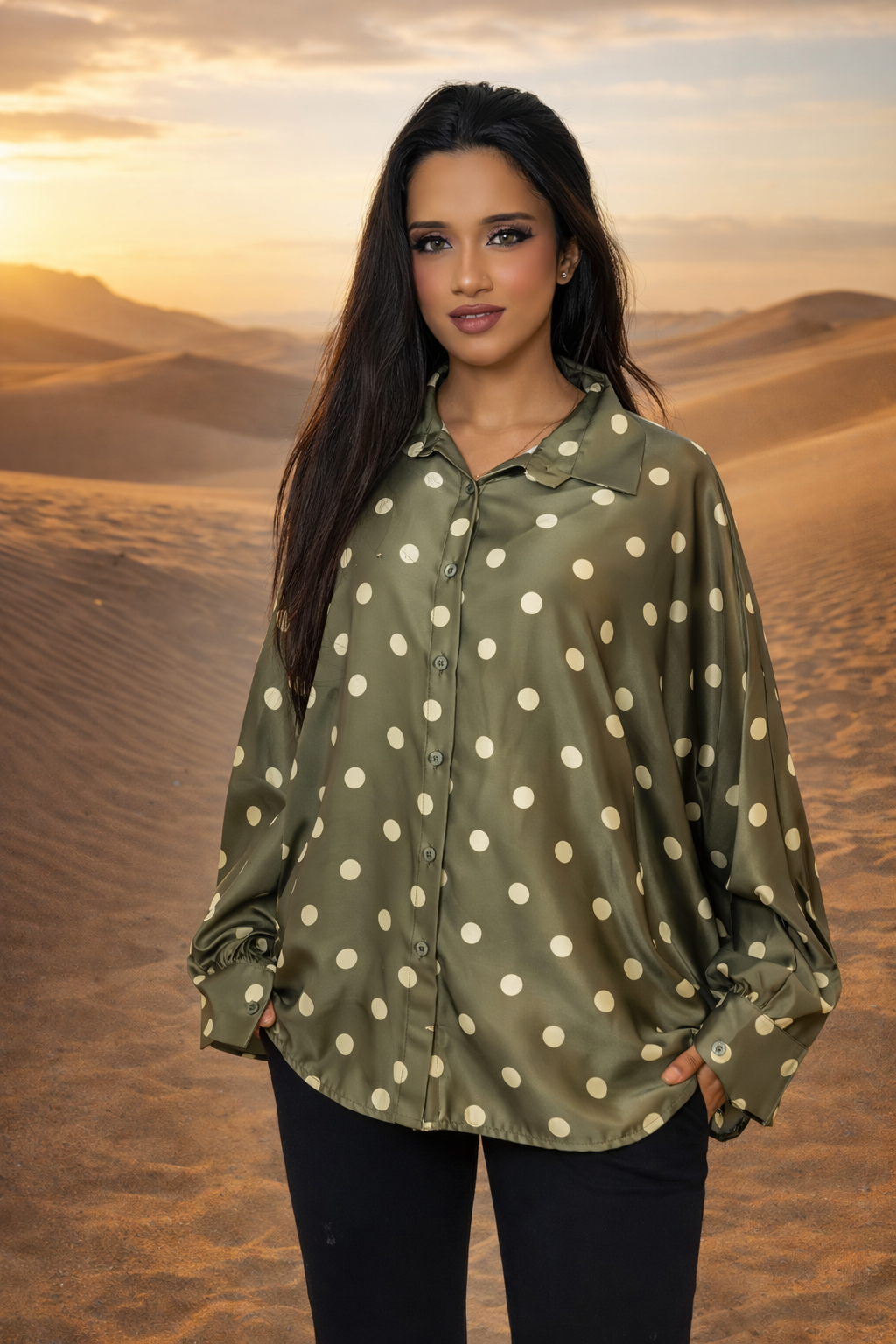 MH Silk Satin Collared Neck Polka Dot Shirt, One Size UK 8 to 18, length 25 inches, chest size 24 inches Top Womenswear Collared