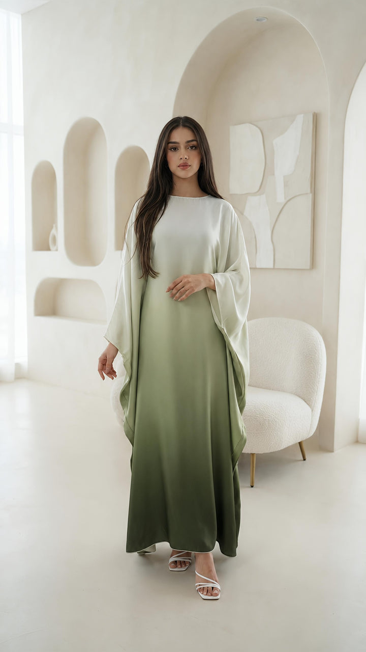 Ombré Luxe Satin Batwing Kaftan Abaya Dress One Size (UK 6-26) With Inside Belt Length 54 inches Inside Belt