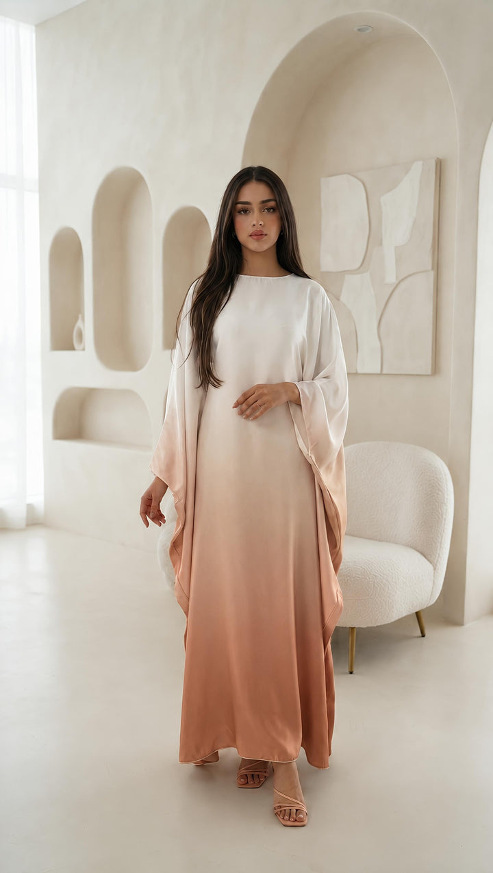 Ombré Luxe Satin Batwing Kaftan Abaya Dress One Size (UK 6-26) With Inside Belt Length 54 inches Inside Belt