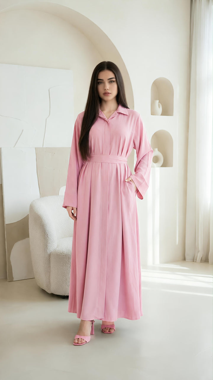 MH Collar Dress with open buttons, Pockets and Belt, One Size UK 8-16, Dress Length 54 inches, Chest Size 23 inches,  Casual Womenswear Summer Maxi Basic Collared Long Sleeve