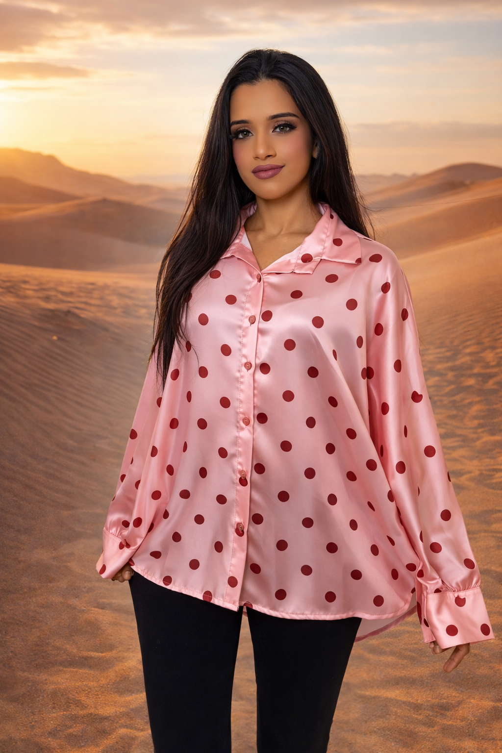 MH Silk Satin Collared Neck Polka Dot Shirt, One Size UK 8 to 18, length 25 inches, chest size 24 inches Top Womenswear Collared