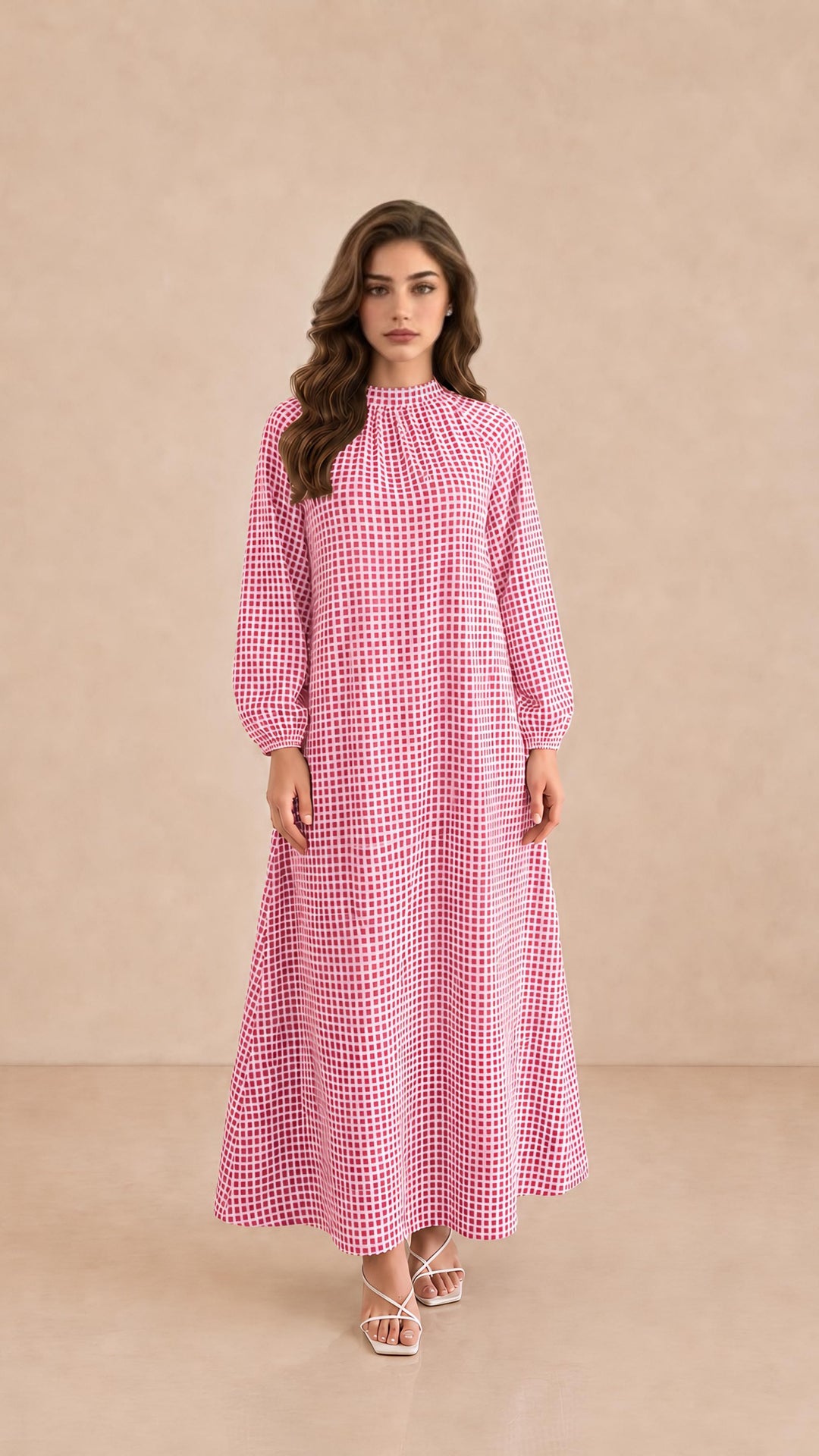 MH Check Dress, One Size UK 10-20, Dress length 54 inches, Chest Size 26 inches,  Casual Womenswear Summer Long Sleeve Maxi