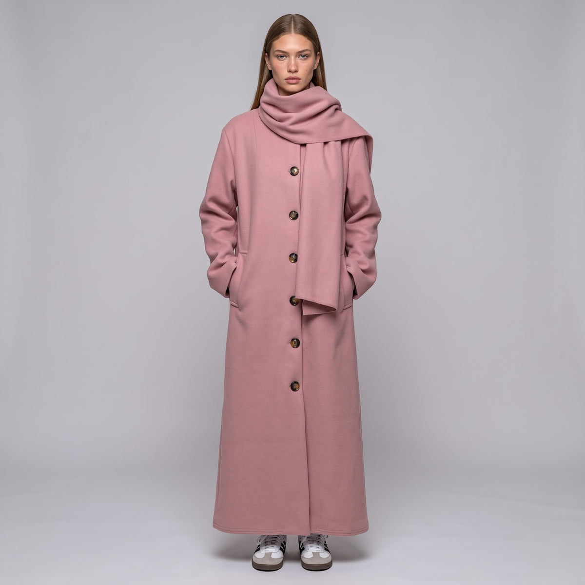 MH Long Coat with Scarf & Pockets, One Size UK 10-20, Length 50 inches & Chest 25 inches,