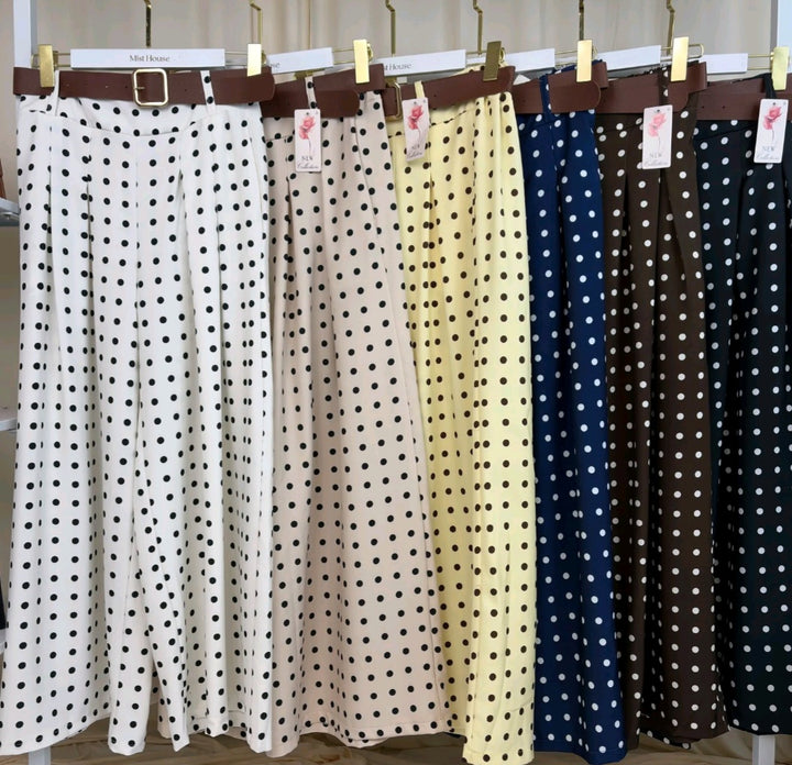 MH Polka Wide Leg Trouser with pockets & Belt, One Size UK 8-16, Trouser length 39 inches, Hip size 22 inches