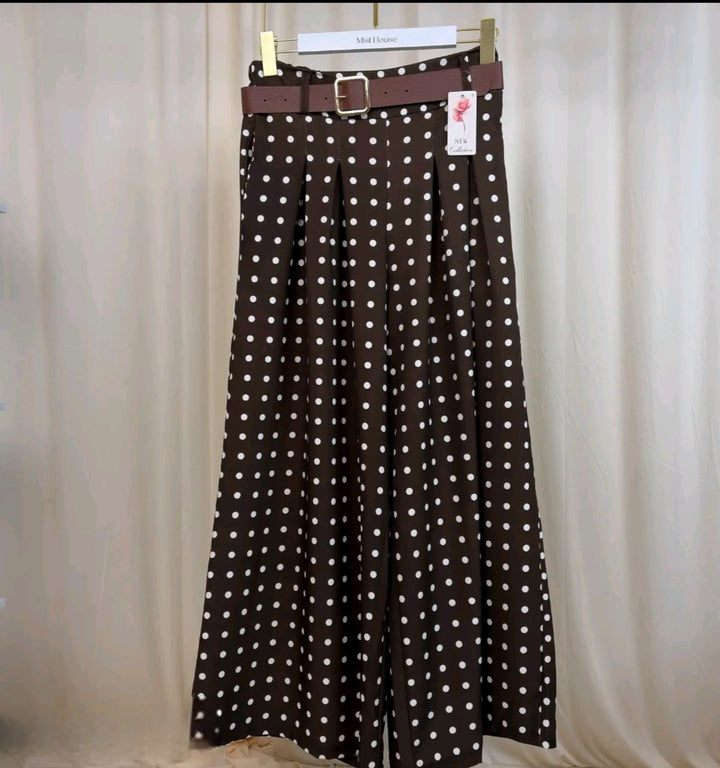 MH Polka Wide Leg Trouser with pockets & Belt, One Size UK 8-16, Trouser length 39 inches, Hip size 22 inches