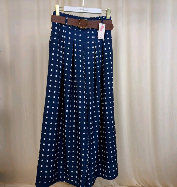 MH Polka Wide Leg Trouser with pockets & Belt, One Size UK 8-16, Trouser length 39 inches, Hip size 22 inches