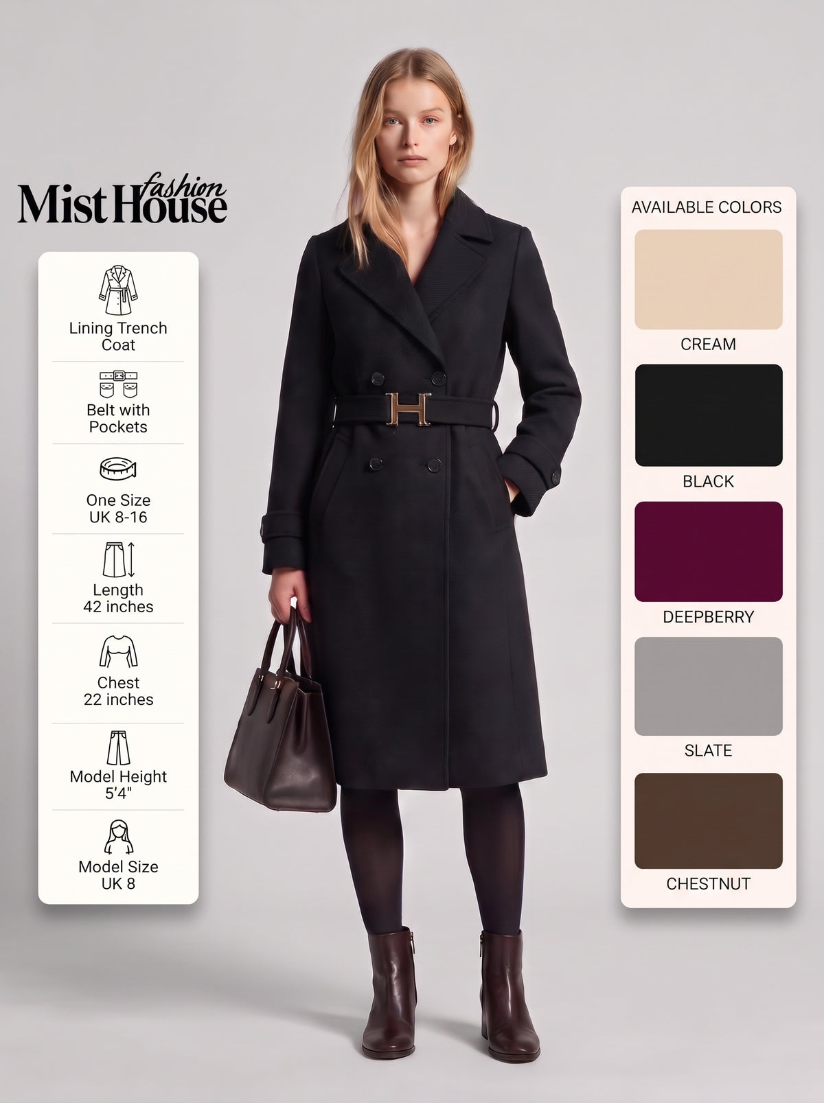 MH Lining Trench Coat with Pockets & Belt