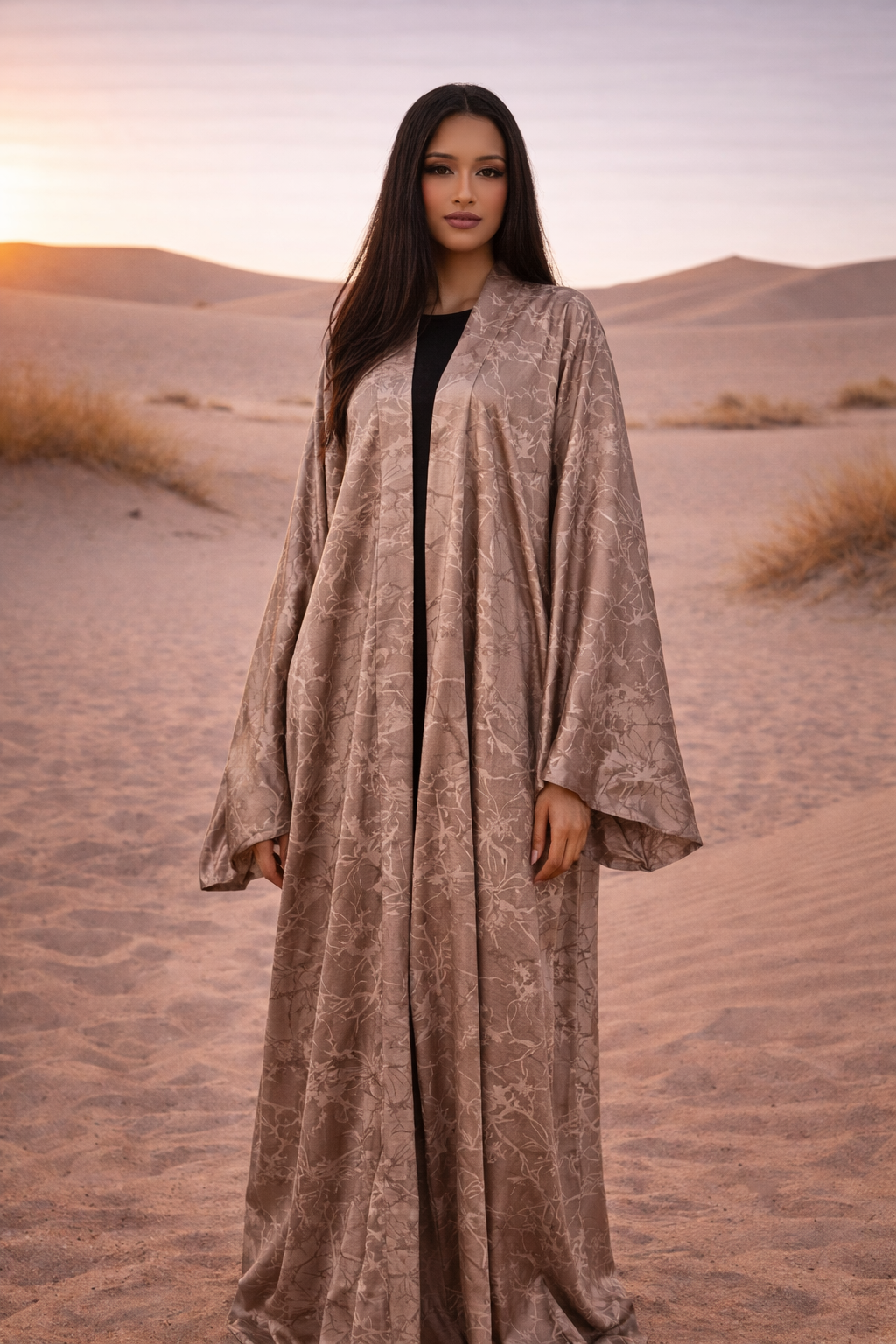 MH Satin Marble Charmeuse Silk Open Abaya, One Size UK 10-22, Length 54 inches, Chest size 37 inches