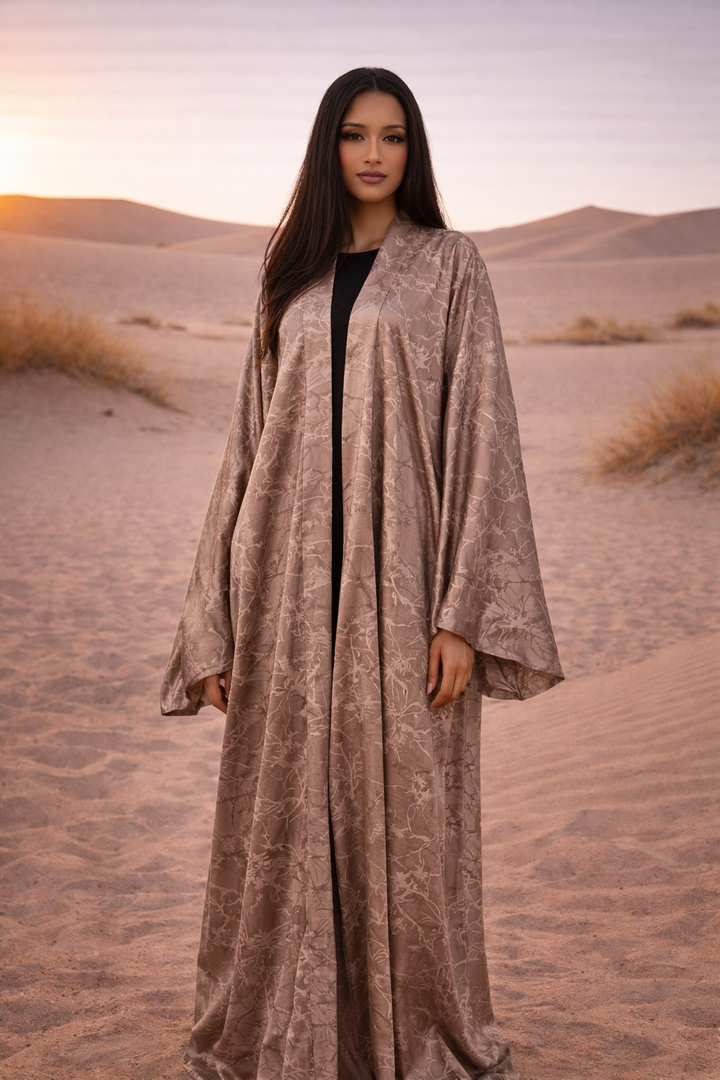 MH Satin Marble Charmeuse Silk Open Abaya, One Size UK 10-22, Length 54 inches, Chest size 37 inches