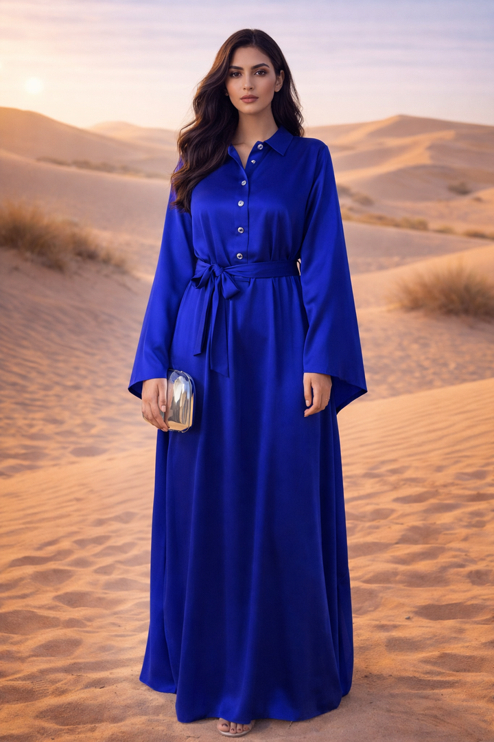 MH (MONA} Silk Satin Dress with Belt, 54 Inches Long, Elegance Maxi Casual Womenswear