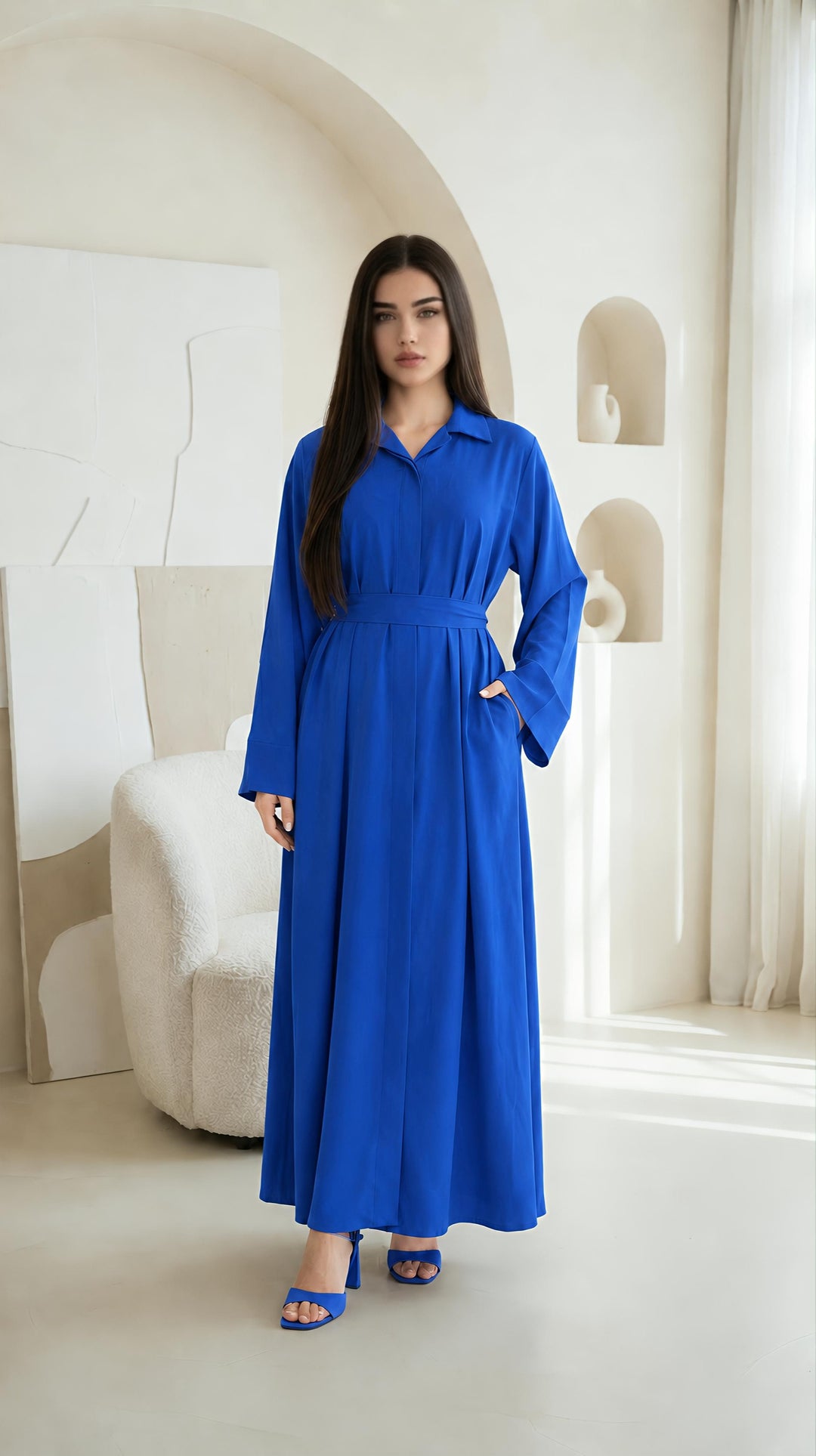 MH Collar Dress with open buttons, Pockets and Belt, One Size UK 8-16, Dress Length 54 inches, Chest Size 23 inches,  Casual Womenswear Summer Maxi Basic Collared Long Sleeve