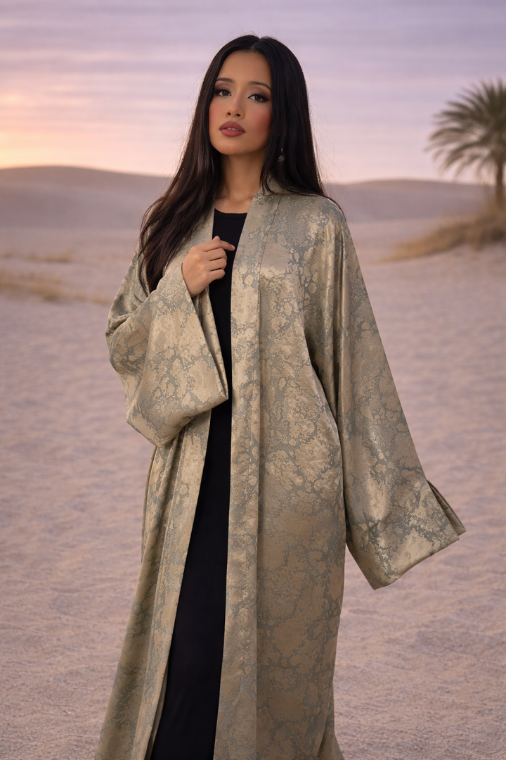 MH Satin Marble Charmeuse Silk Open Abaya, One Size UK 10-22, Length 54 inches, Chest size 37 inches