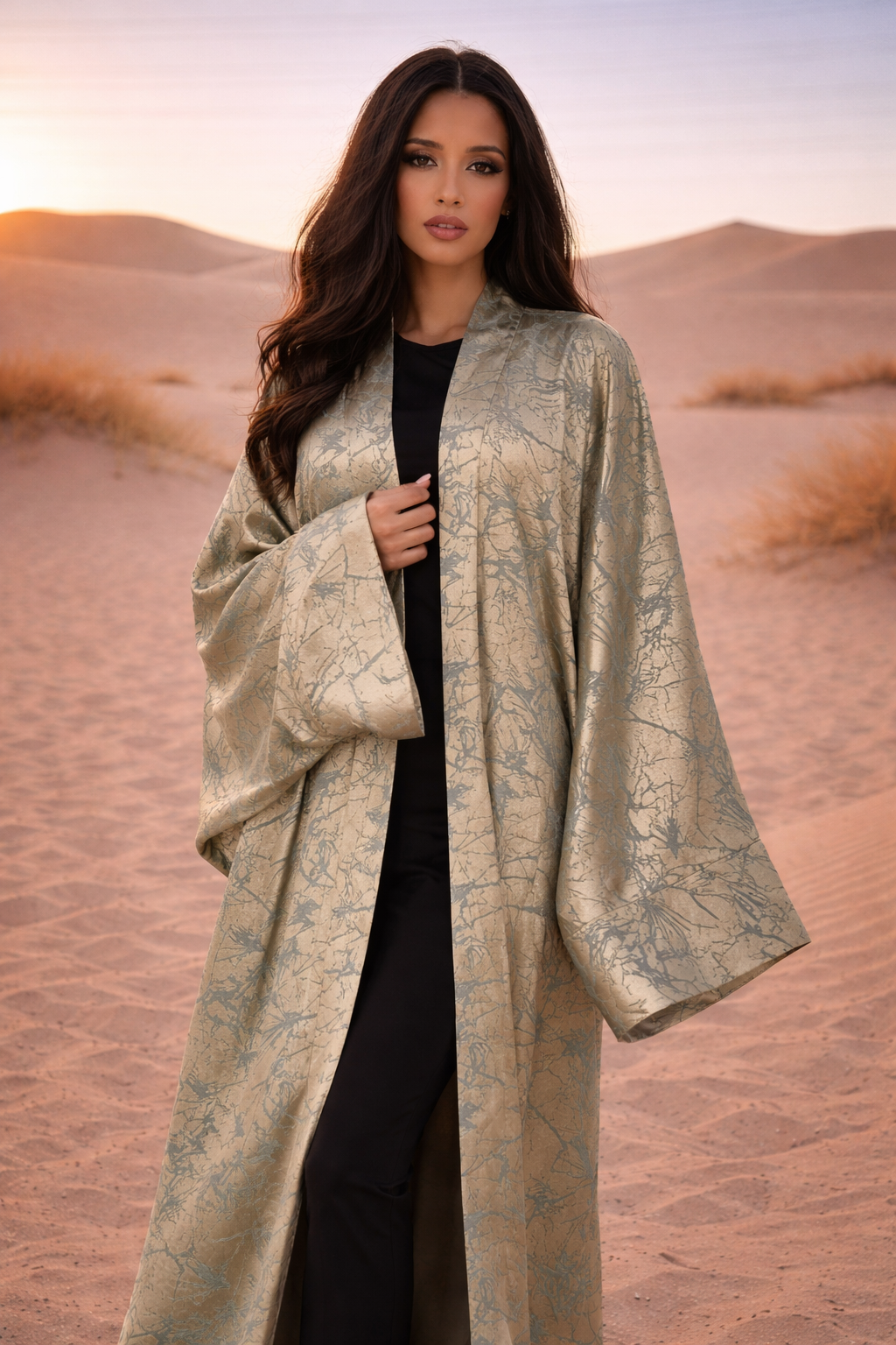 MH Satin Marble Charmeuse Silk Open Abaya, One Size UK 10-22, Length 54 inches, Chest size 37 inches