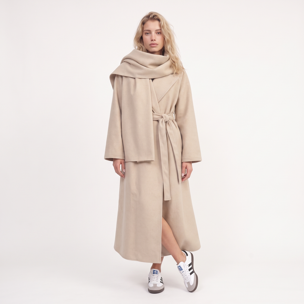 MH {AMANI} Deluxe Wool blend Two Piece Belted Trench With Detachable Scarf Coat, One Size Uk 10-20, Length 48 inches, chest25 inches