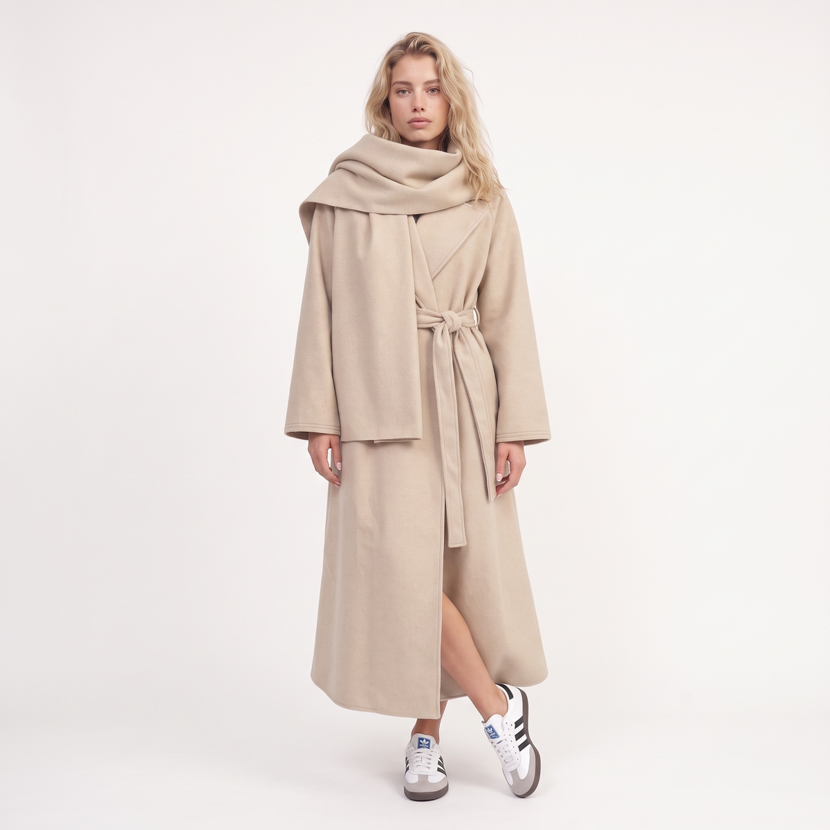 MH {AMANI} Deluxe Wool blend Two Piece Belted Trench With Detachable Scarf Coat, One Size Uk 10-20, Length 48 inches, chest25 inches