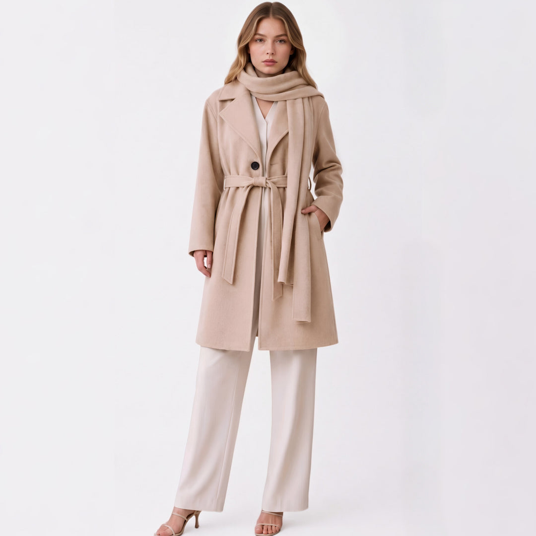 MH Deluxe Feels Like Wool Two Piece Belted Trench With Detachable Scarf Coat, One Size Uk 10-20, Length 34 inches, chest25 inches