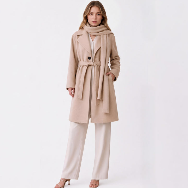 MH Deluxe Feels Like Wool Two Piece Belted Trench With Detachable Scarf Coat, One Size Uk 10-20, Length 34 inches, chest25 inches