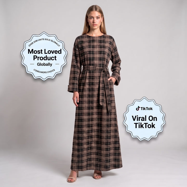 MH Premium Check Long Dress with Pockets and Belt, One Size UK 8-16/18, Dress length 54 inches & Chest 23 inches,  Casual Womenswear