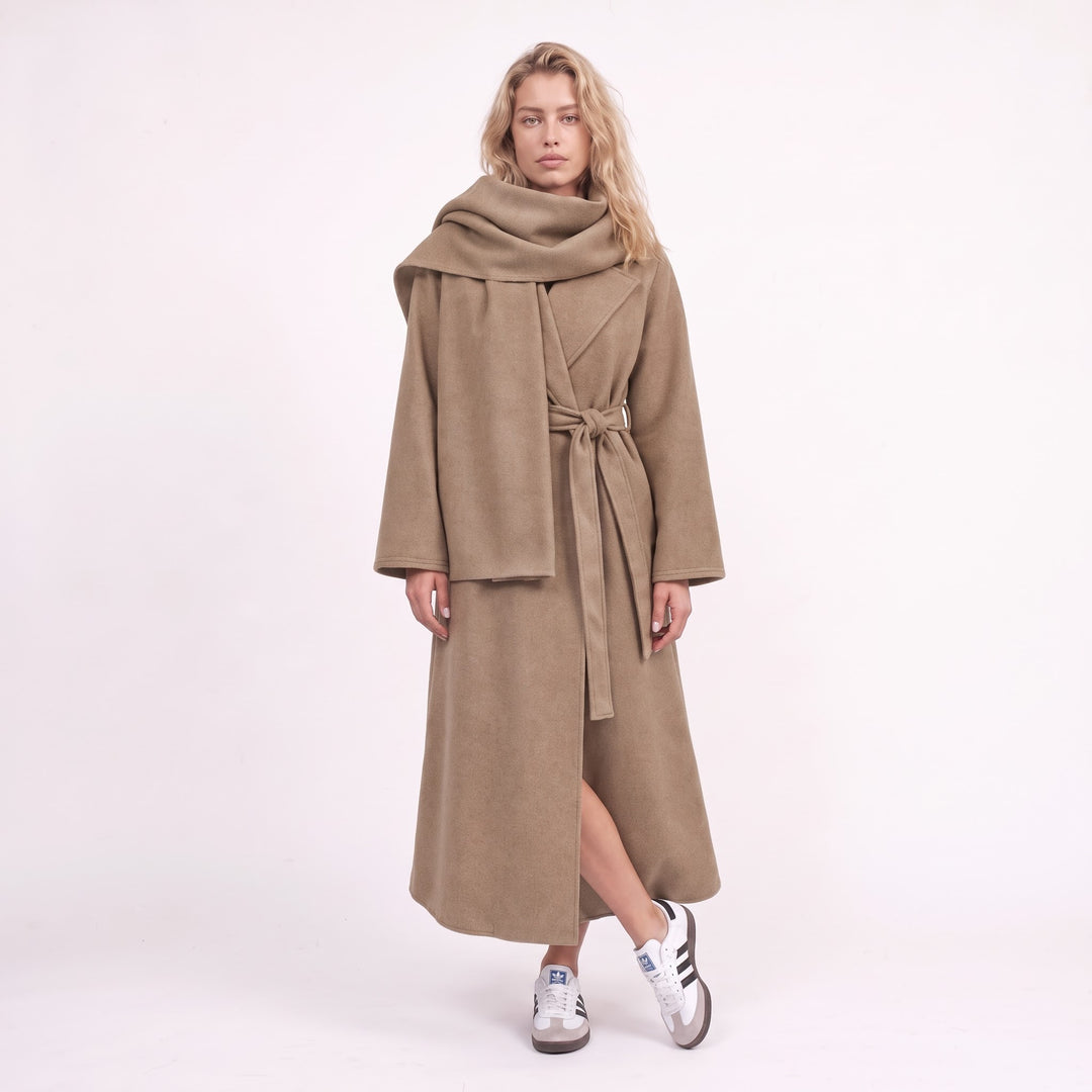 MH {AMANI} Deluxe Wool blend Two Piece Belted Trench With Detachable Scarf Coat, One Size Uk 10-20, Length 48 inches, chest25 inches