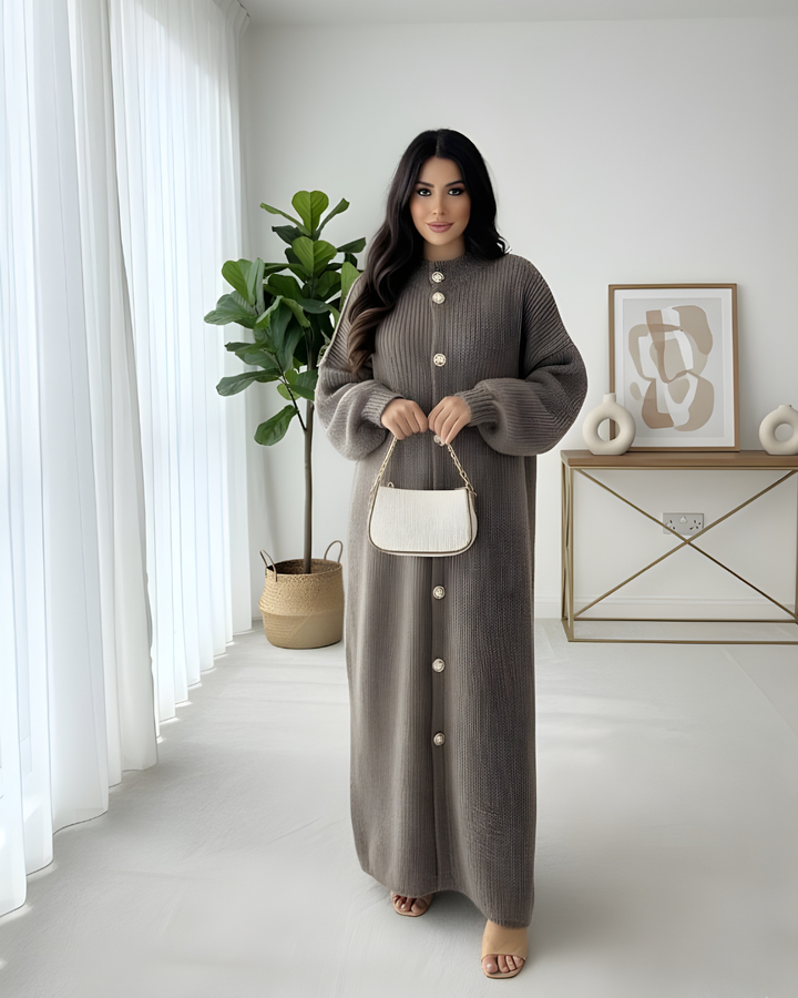 Mist House Eliana Wool Knit Long Gold Button Cardigan One Size UK 10-22 , Stretchable length 45 inches, bust size 26 inchess Knitwear Womenswear Knitting Long Sleeve
