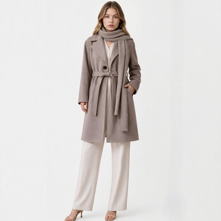 MH Deluxe Feels Like Wool Two Piece Belted Trench With Detachable Scarf Coat, One Size Uk 10-20, Length 34 inches, chest25 inches