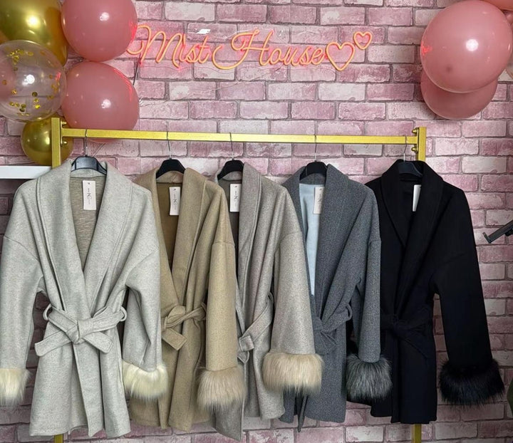 Mist House Fashion Women's Premium Lapel Coat with Faux Fur Sleeves, Belt & Pockets - Women's Jacket - Womenswear, Jackets