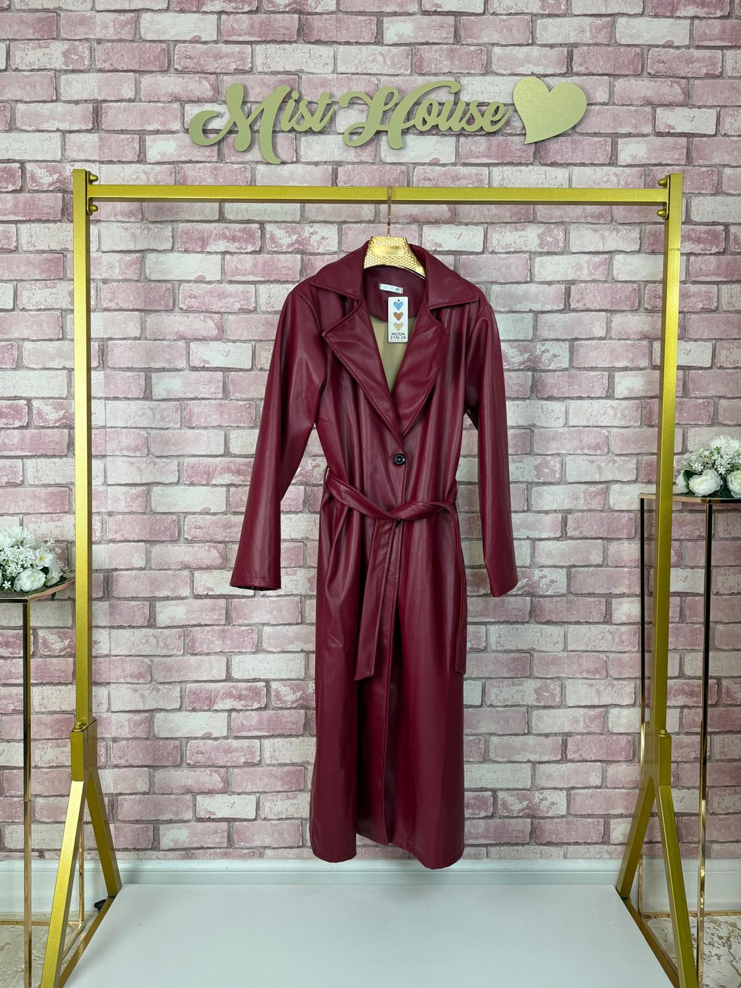 Leather Trench Coat WITH BELT & POCKETS Faux Leather