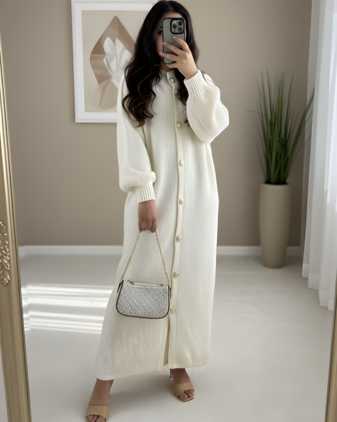 Mist House Eliana Wool Knit Long Gold Button Cardigan One Size UK 10-22 , Stretchable length 45 inches, bust size 26 inchess Knitwear Womenswear Knitting Long Sleeve