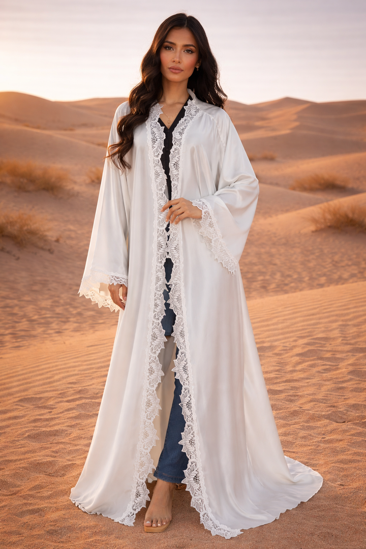 MH Silk Satin Laced Open Abaya, One Size UK 8-20, Length 54 inches, Chest Size 30 inches