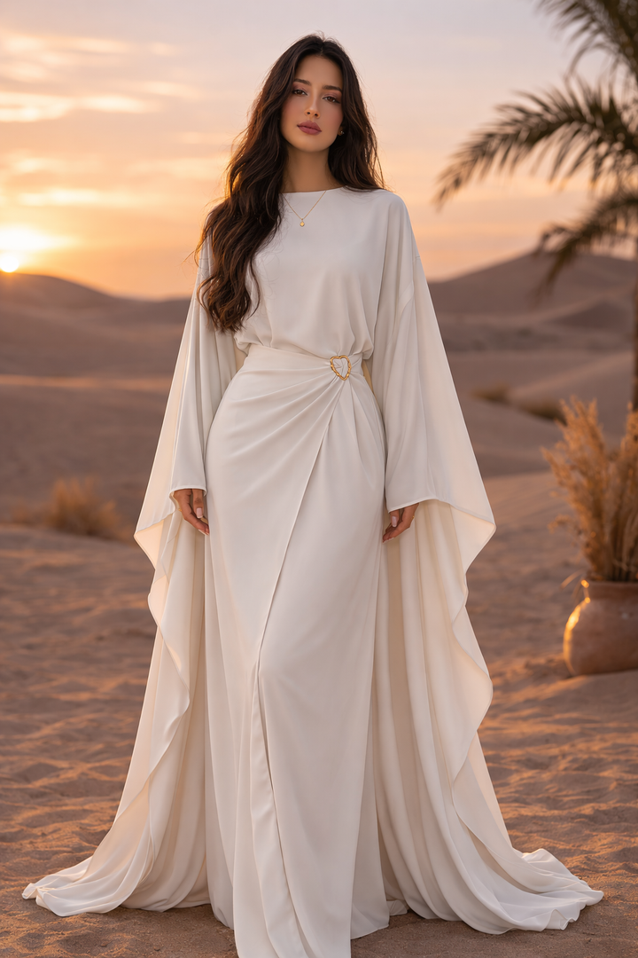 MH Cape Dress With Golden Buckle and Drawstring, One Size UK 8-16/18, Dress Length 54 inches. Chest Size 24 inches, Casual Womenswear Summer Maxi Basic Basic Long Sleeve