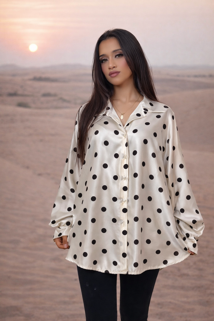 MH Silk Satin Collared Neck Polka Dot Shirt, One Size UK 8 to 18, length 25 inches, chest size 24 inches Top Womenswear Collared
