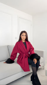 Mist House Fashion Women's Premium Lapel Coat with Faux Fur Sleeves, Belt & Pockets