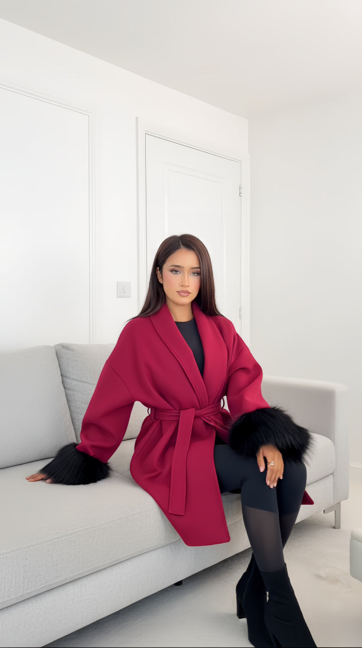 Mist House Fashion Women's Premium Lapel Coat with Faux Fur Sleeves, Belt & Pockets - Women's Jacket - Womenswear, Jackets