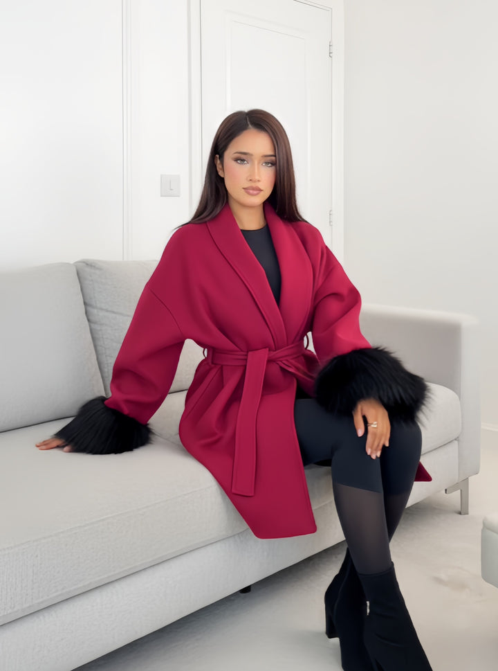 Mist House Fashion Women's Premium Lapel Coat with Faux Fur Sleeves, Belt & Pockets - Women's Jacket - Womenswear, Jackets