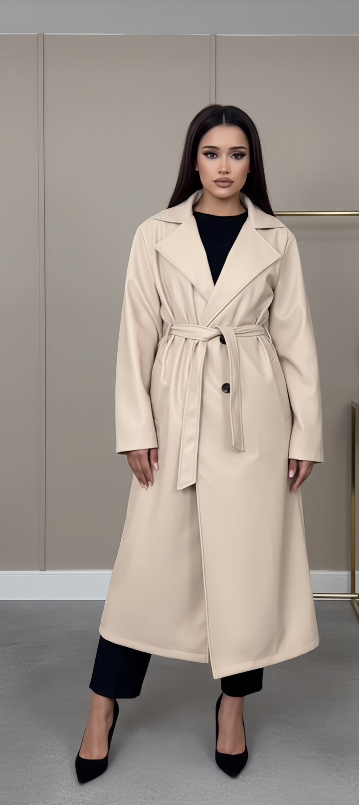 Leather Trench Coat WITH BELT & POCKETS Faux Leather