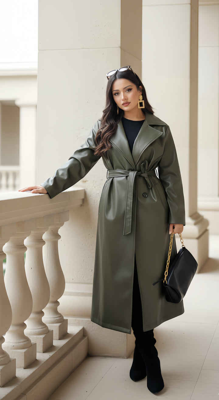 Leather Trench Coat WITH BELT & POCKETS Faux Leather